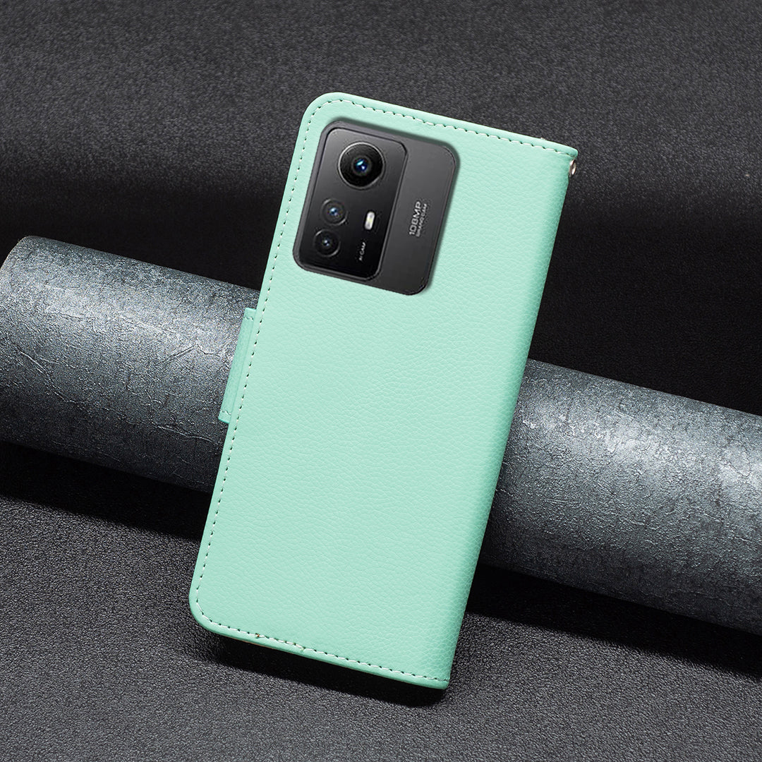 Flip Stand Phone Cover for Xiaomi Redmi Note 12S 4G , Wallet PU Leather Litchi Texture Phone Case with Strap