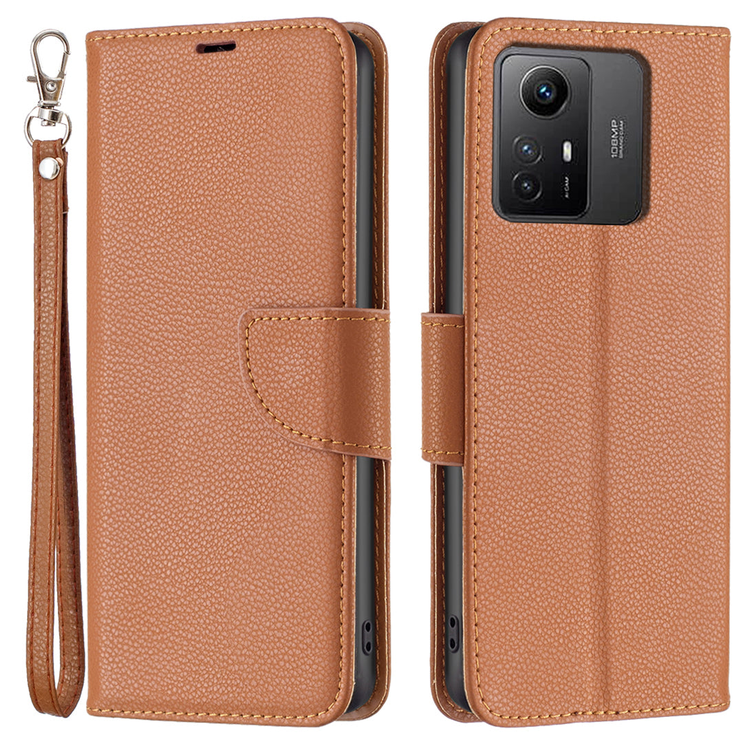 Flip Stand Phone Cover for Xiaomi Redmi Note 12S 4G , Wallet PU Leather Litchi Texture Phone Case with Strap