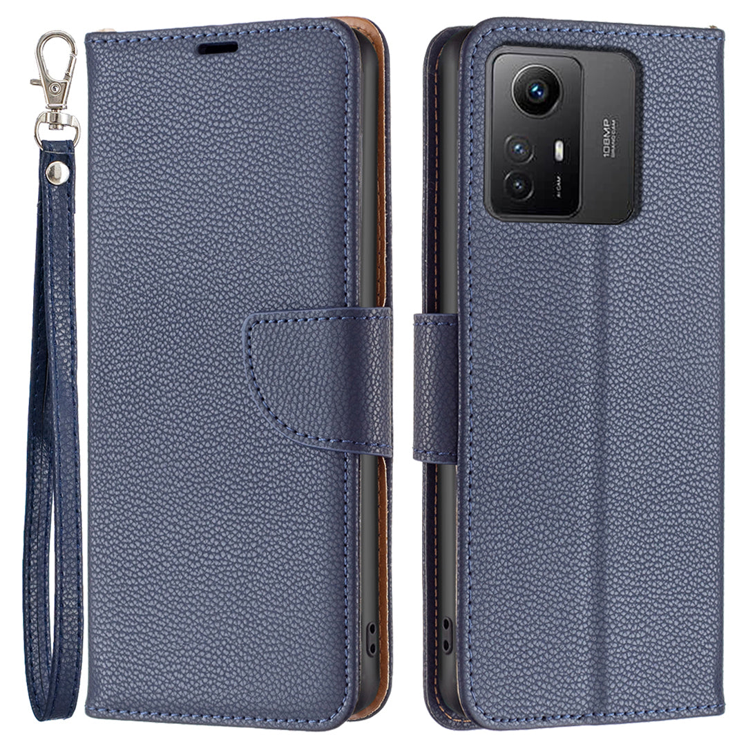 Flip Stand Phone Cover for Xiaomi Redmi Note 12S 4G , Wallet PU Leather Litchi Texture Phone Case with Strap