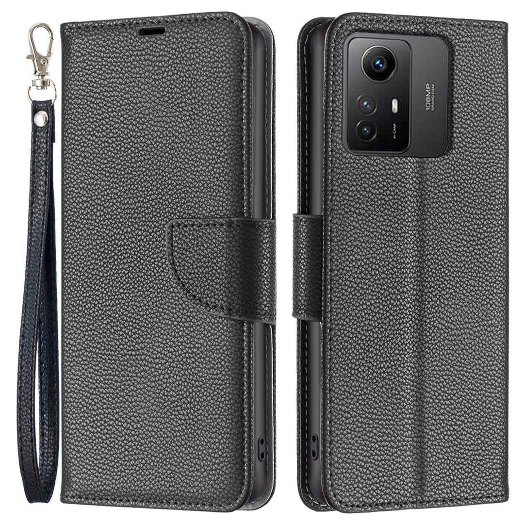 Flip Stand Phone Cover for Xiaomi Redmi Note 12S 4G , Wallet PU Leather Litchi Texture Phone Case with Strap