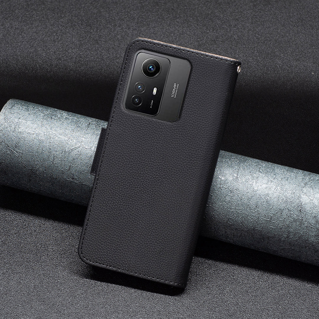 Flip Stand Phone Cover for Xiaomi Redmi Note 12S 4G , Wallet PU Leather Litchi Texture Phone Case with Strap