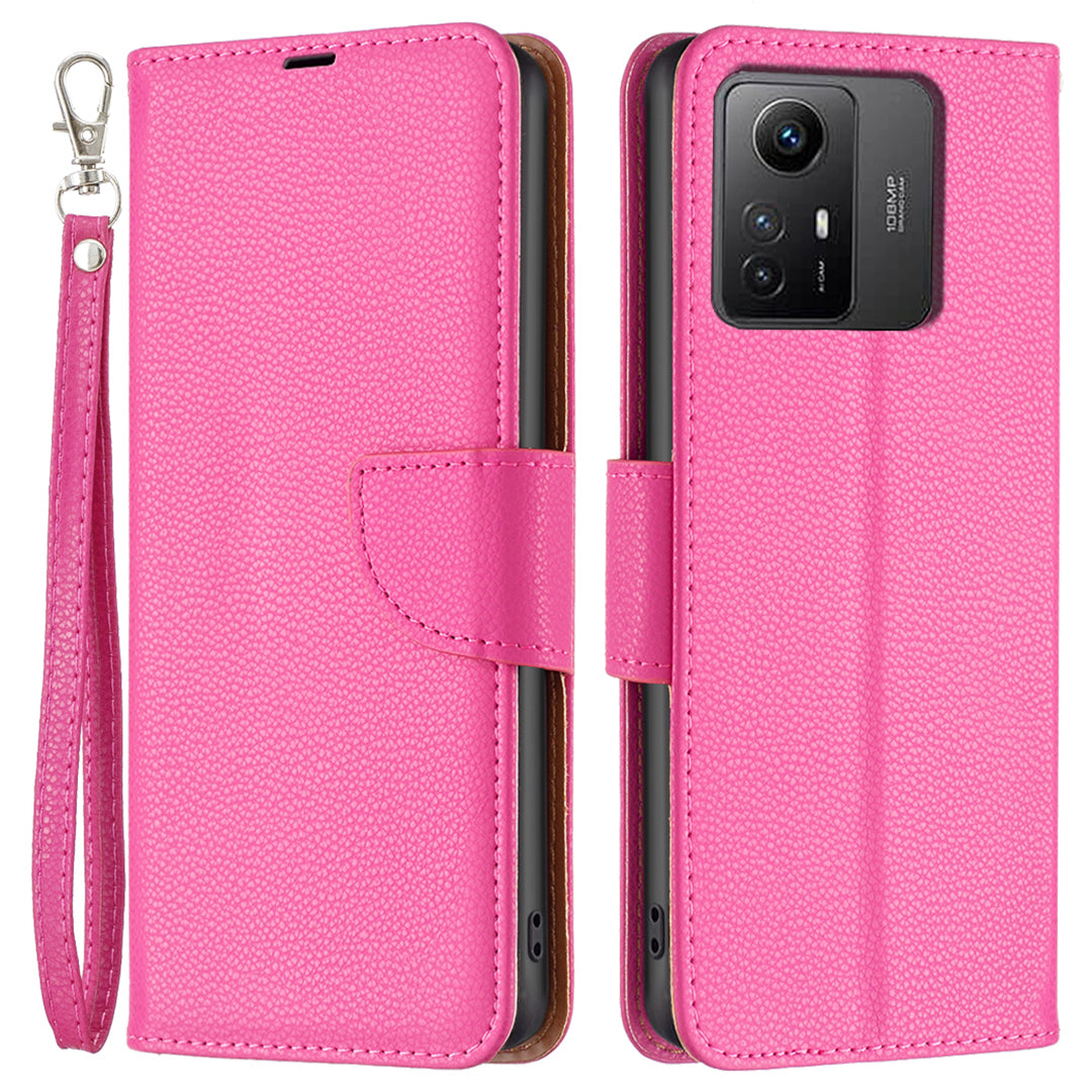 Flip Stand Phone Cover for Xiaomi Redmi Note 12S 4G , Wallet PU Leather Litchi Texture Phone Case with Strap