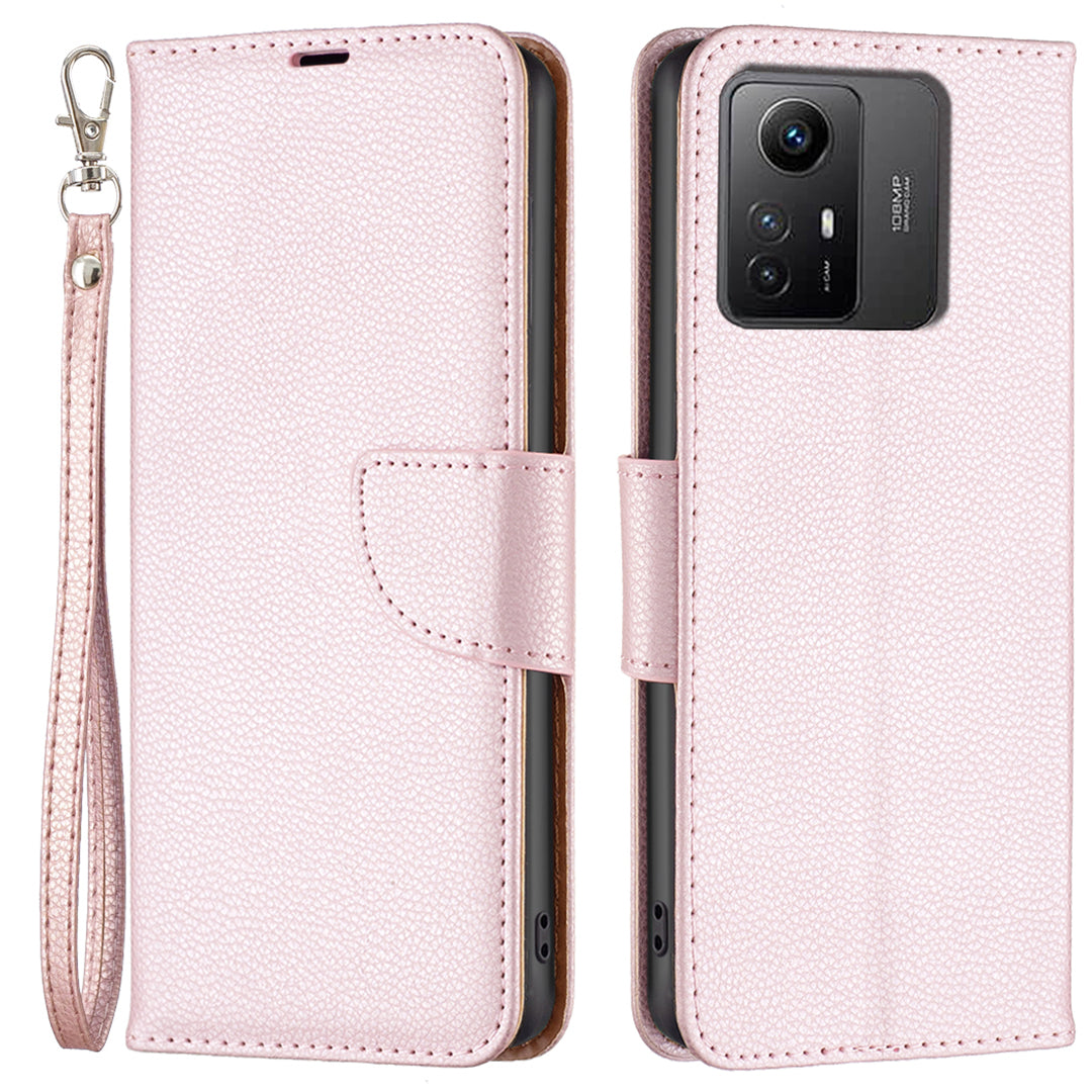 Flip Stand Phone Cover for Xiaomi Redmi Note 12S 4G , Wallet PU Leather Litchi Texture Phone Case with Strap