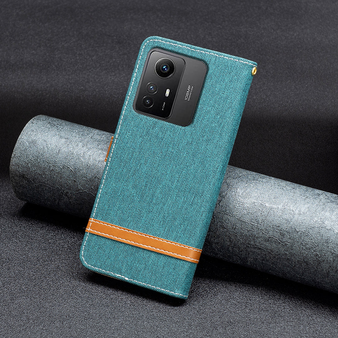 For Xiaomi Redmi Note 12S 4G Stand Case Jeans Cloth Splicing Wallet PU Leather + TPU Phone Cover