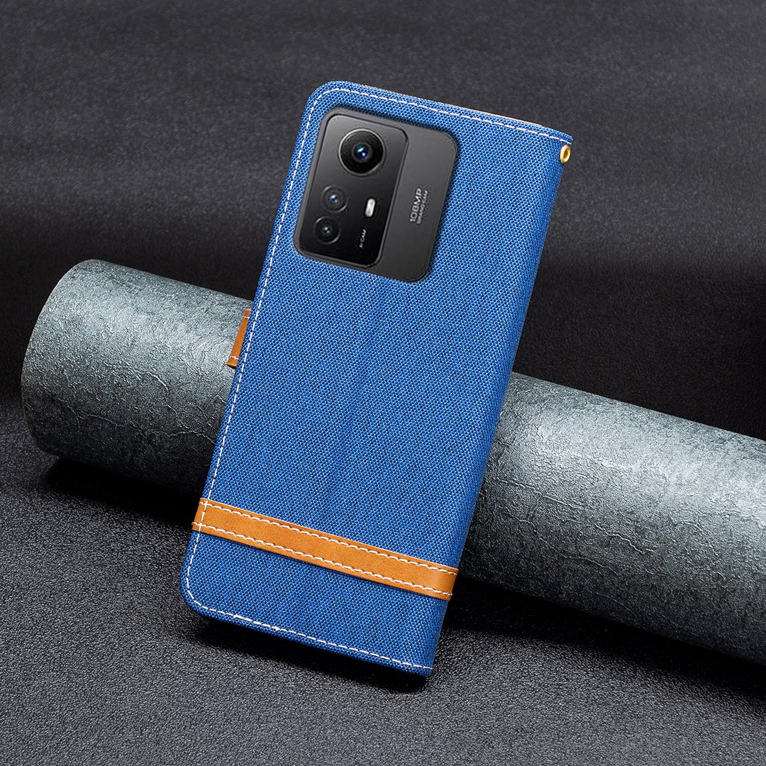 For Xiaomi Redmi Note 12S 4G Stand Case Jeans Cloth Splicing Wallet PU Leather + TPU Phone Cover