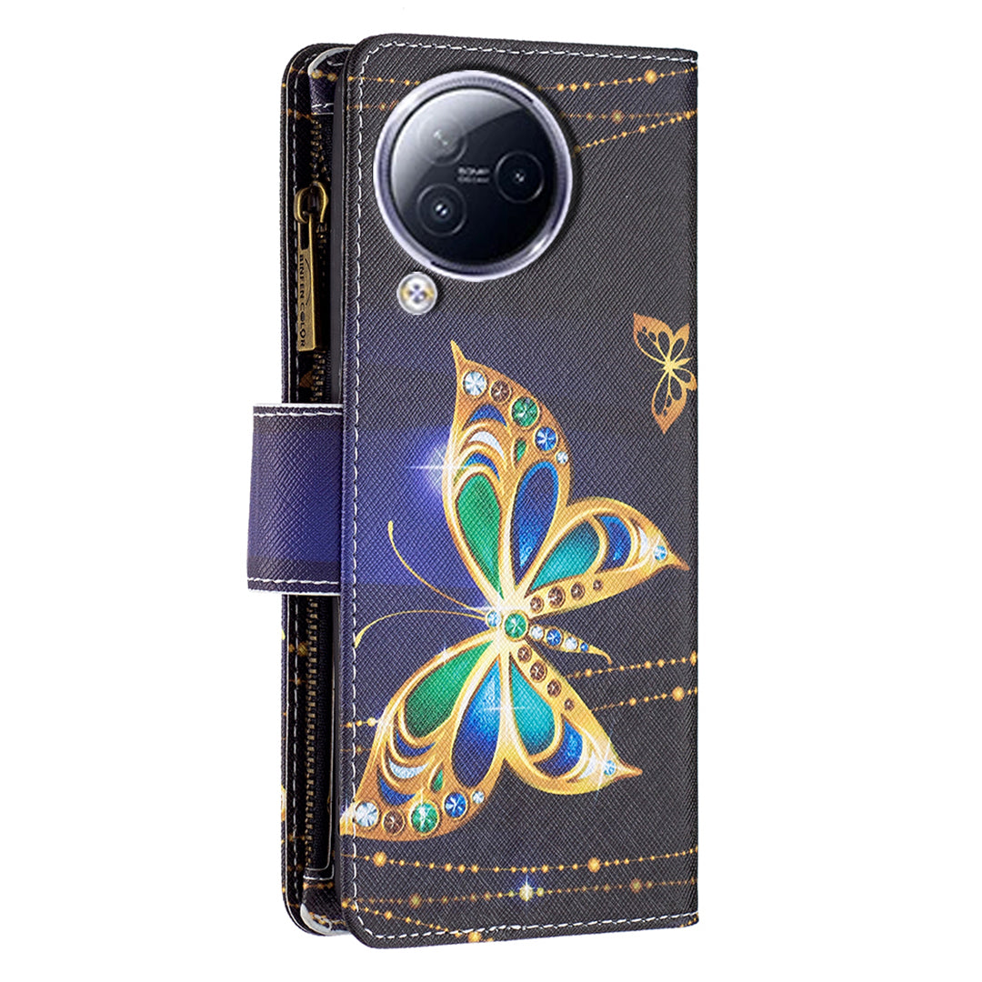 BF03 Zipper Pocket Phone Case for Xiaomi Civi 3 5G Pattern Printing PU Leather Stand Wallet Cover