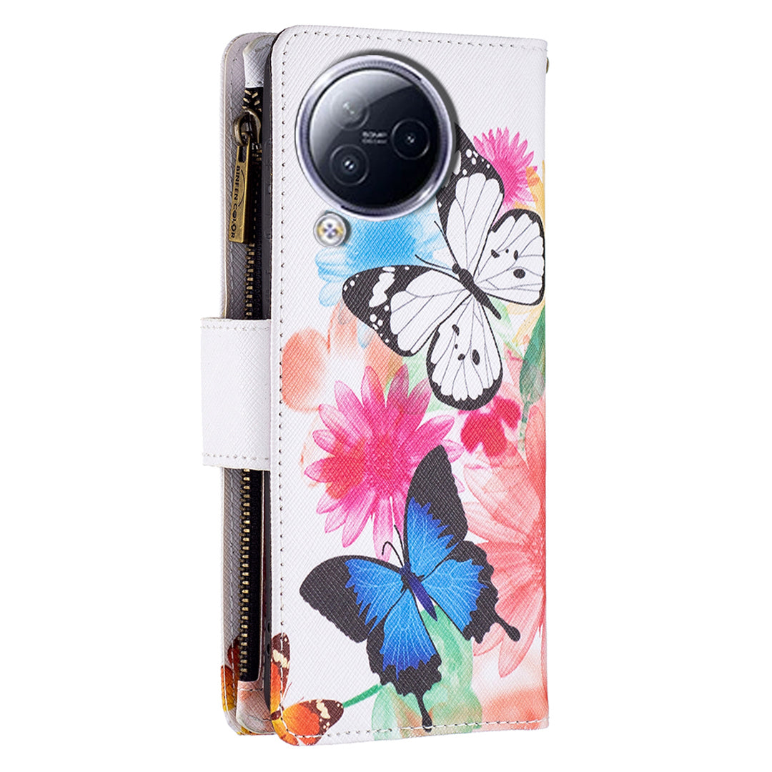 BF03 Zipper Pocket Phone Case for Xiaomi Civi 3 5G Pattern Printing PU Leather Stand Wallet Cover