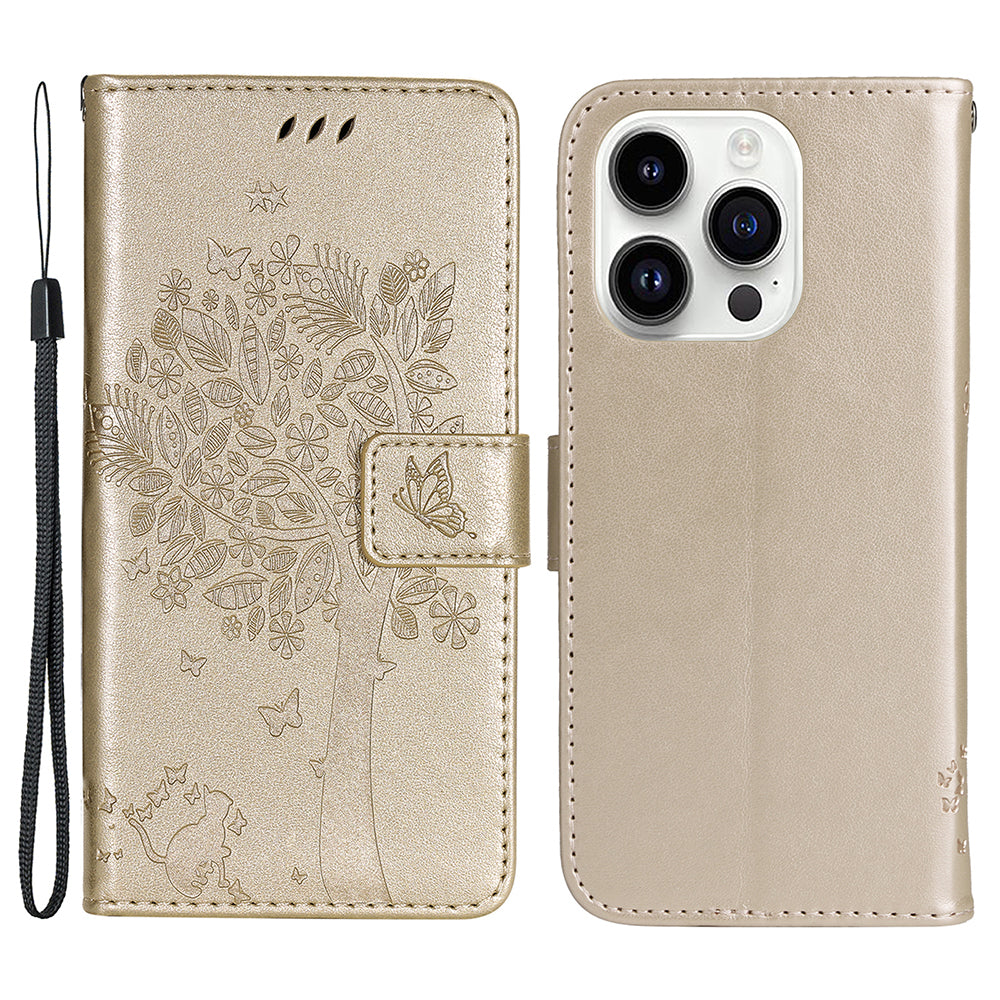 For iPhone 15 Pro KT Imprinting Flower Series-3 Flip Cover Stand Imprinted Wallet PU Leather Phone Case