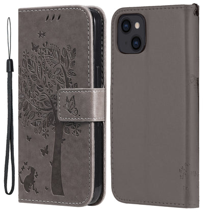 For iPhone 15 KT Imprinting Flower Series-3 PU Leather Phone Case Imprinted Wallet Flip Stand Cover