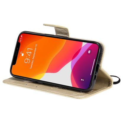 For iPhone 15 KT Imprinting Flower Series-3 PU Leather Phone Case Imprinted Wallet Flip Stand Cover