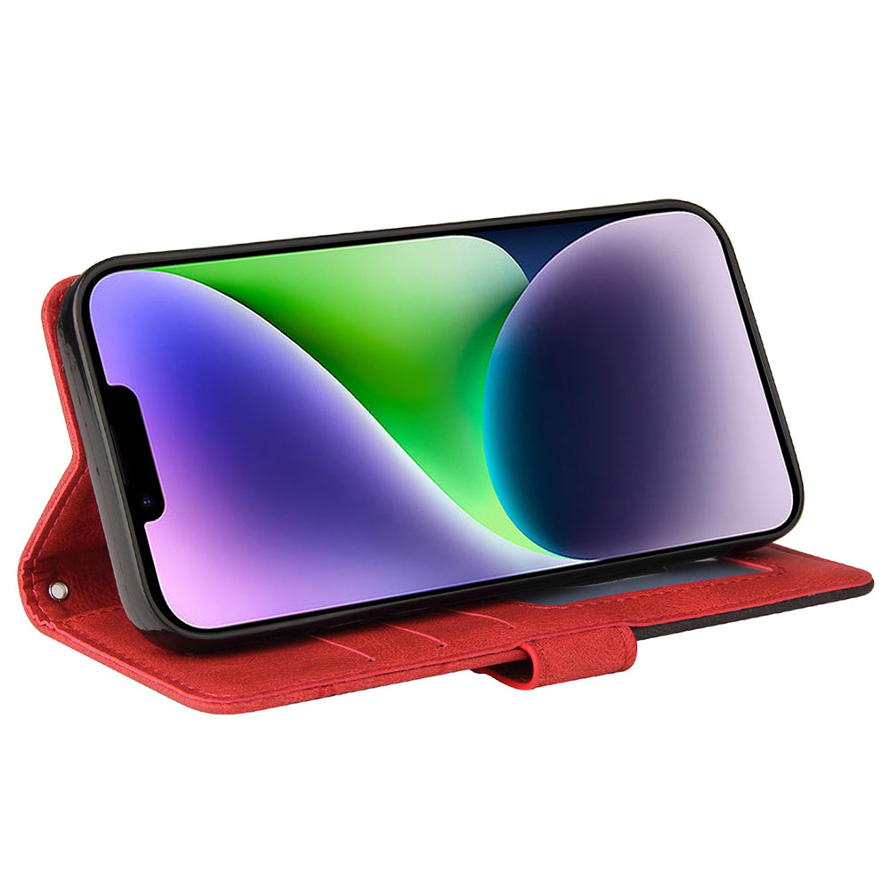 KT Leather Series-1 For iPhone 15 Plus PU Leather Stand Phone Wallet Case Dual-color Splicing Phone Cover