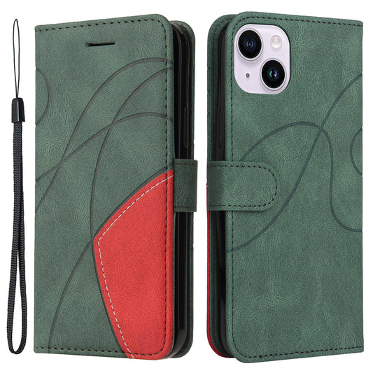 KT Leather Series-1 For iPhone 15 Plus PU Leather Stand Phone Wallet Case Dual-color Splicing Phone Cover
