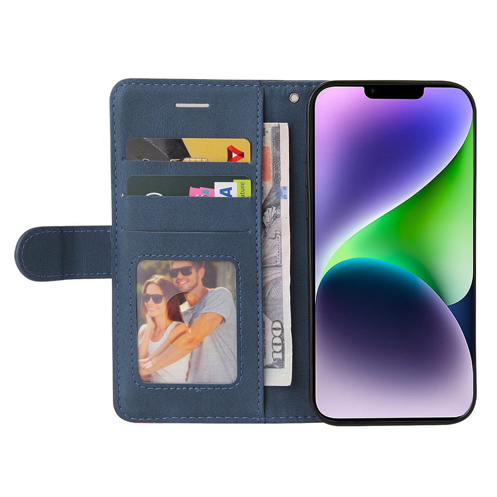 KT Leather Series-1 For iPhone 15 Plus PU Leather Stand Phone Wallet Case Dual-color Splicing Phone Cover