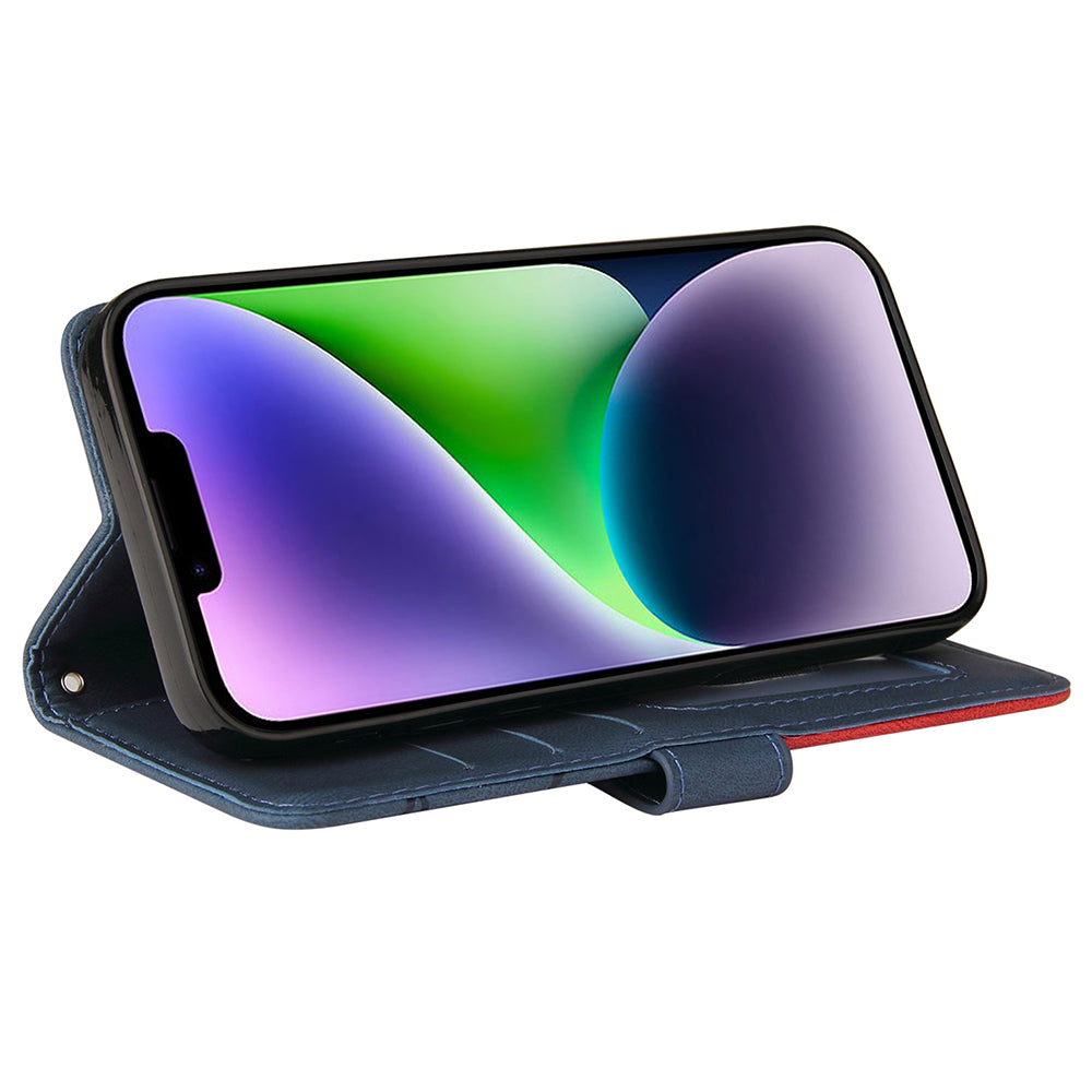 KT Leather Series-1 For iPhone 15 Plus PU Leather Stand Phone Wallet Case Dual-color Splicing Phone Cover