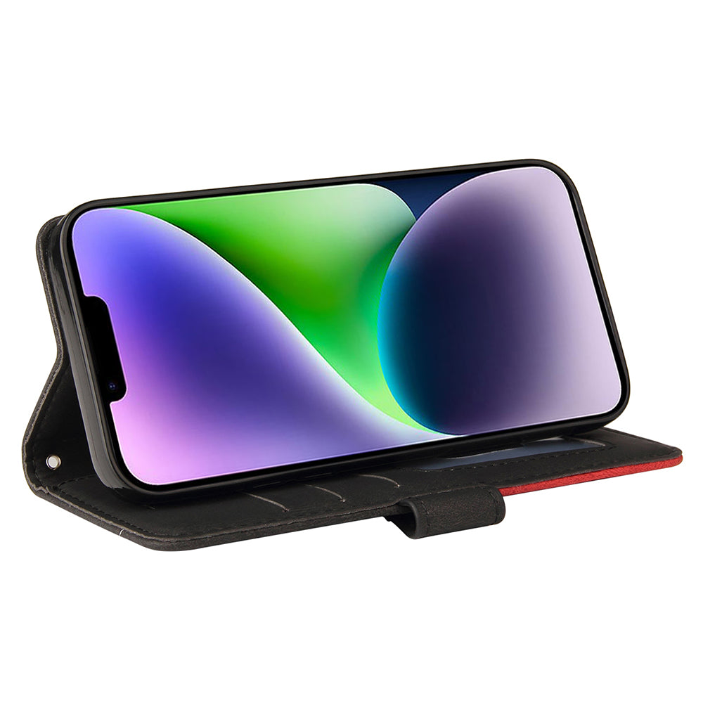 KT Leather Series-1 For iPhone 15 Plus PU Leather Stand Phone Wallet Case Dual-color Splicing Phone Cover