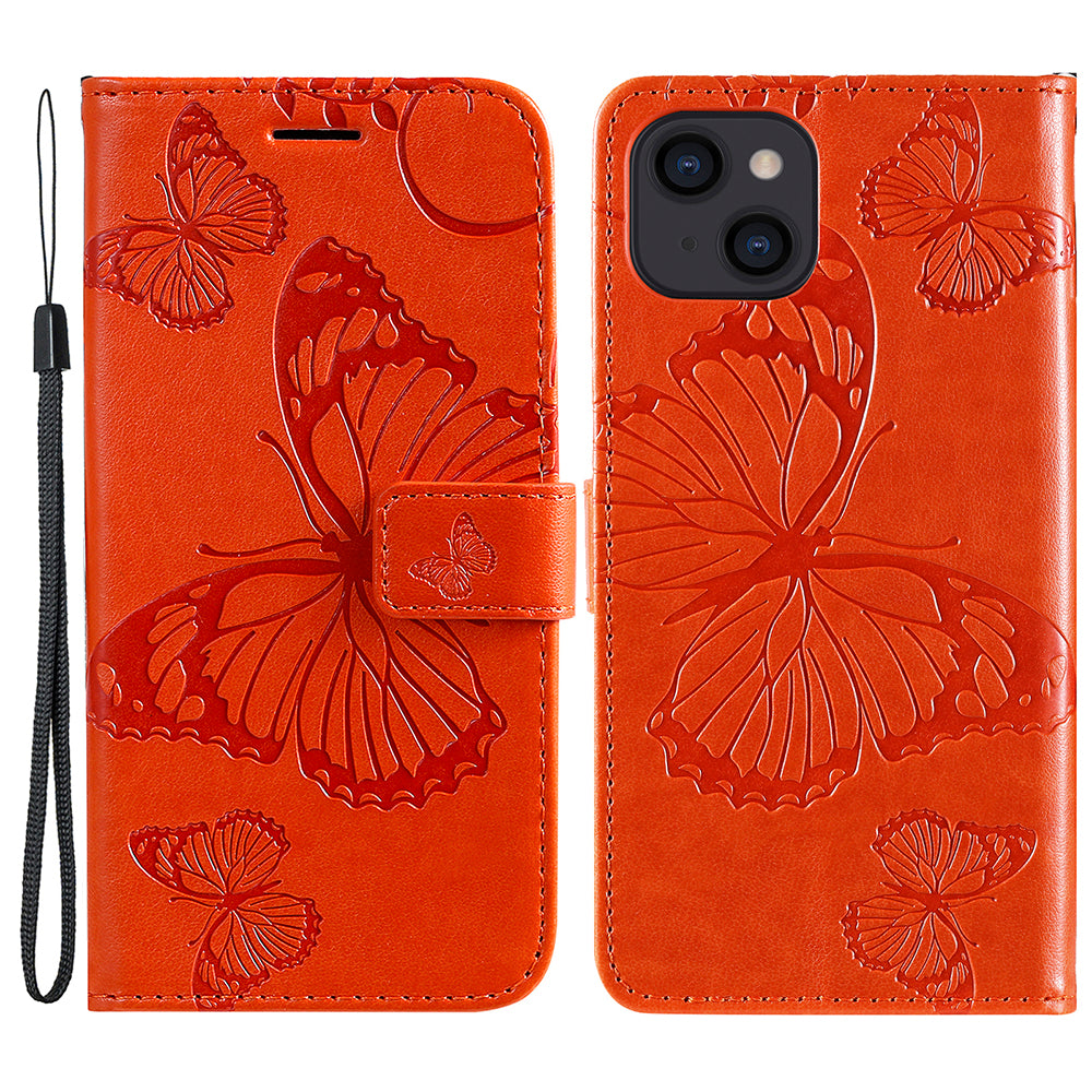 KT Imprinting Flower Series-2 For iPhone 15 Butterfly Imprint Leather Phone Case Wallet Stand Cover