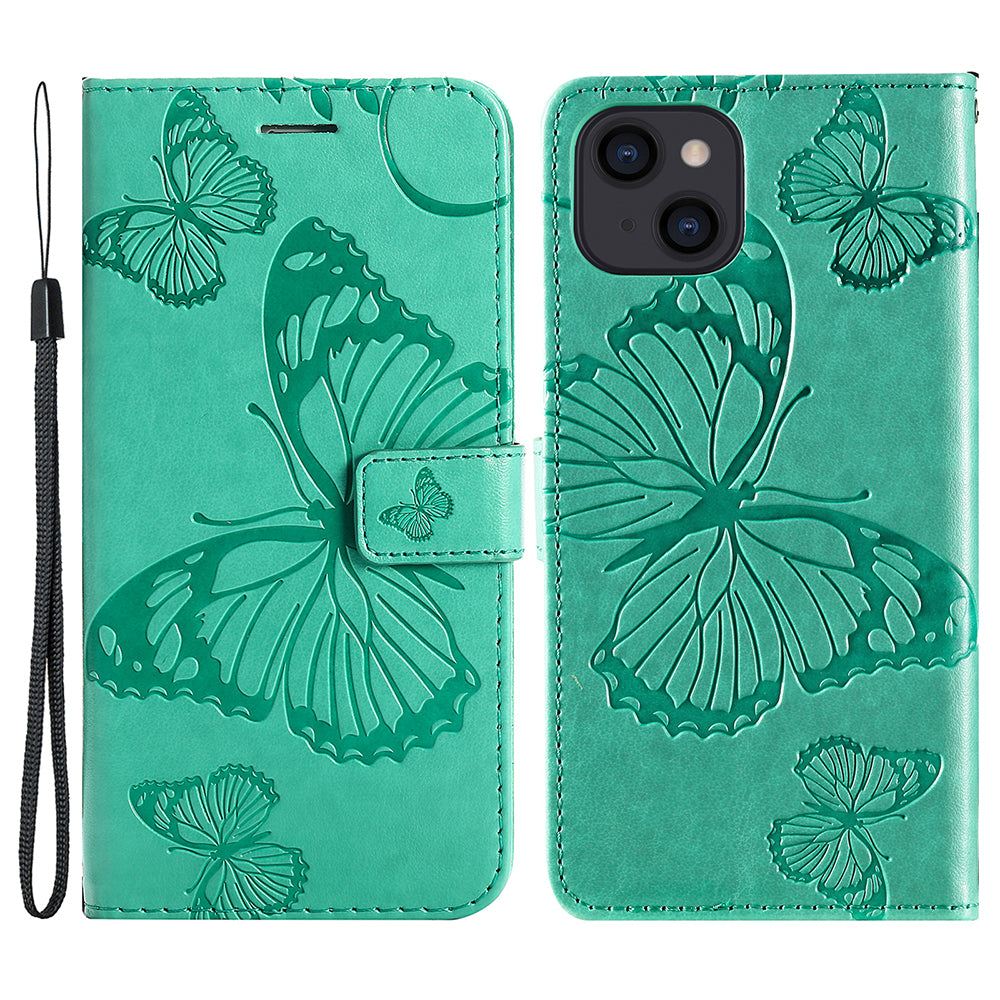 KT Imprinting Flower Series-2 For iPhone 15 Butterfly Imprint Leather Phone Case Wallet Stand Cover