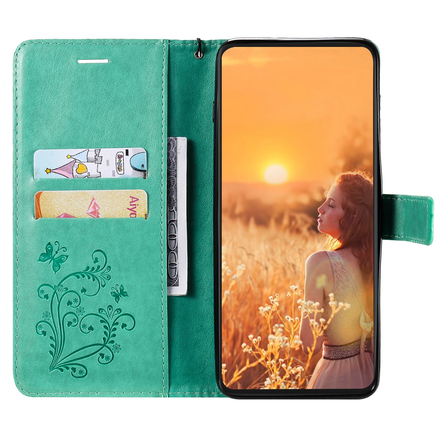 KT Imprinting Flower Series-2 For iPhone 15 Butterfly Imprint Leather Phone Case Wallet Stand Cover