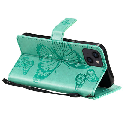 KT Imprinting Flower Series-2 For iPhone 15 Butterfly Imprint Leather Phone Case Wallet Stand Cover