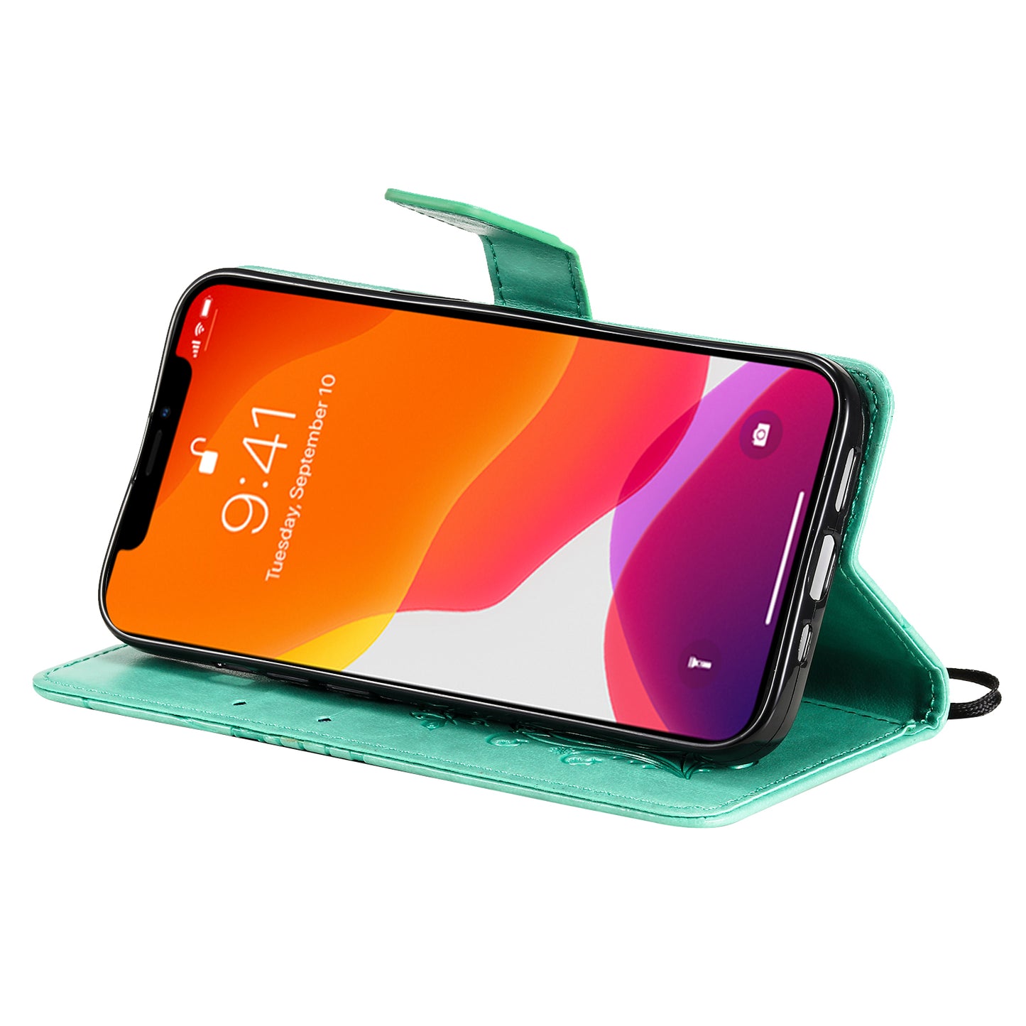 KT Imprinting Flower Series-2 For iPhone 15 Butterfly Imprint Leather Phone Case Wallet Stand Cover