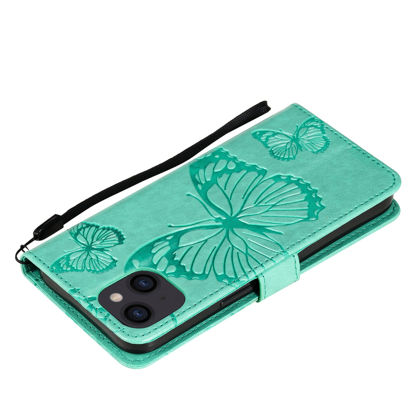 KT Imprinting Flower Series-2 For iPhone 15 Butterfly Imprint Leather Phone Case Wallet Stand Cover
