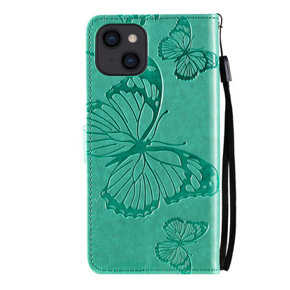 KT Imprinting Flower Series-2 For iPhone 15 Butterfly Imprint Leather Phone Case Wallet Stand Cover