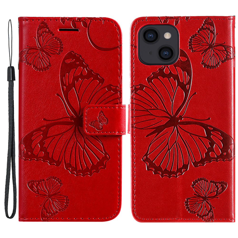 KT Imprinting Flower Series-2 For iPhone 15 Butterfly Imprint Leather Phone Case Wallet Stand Cover