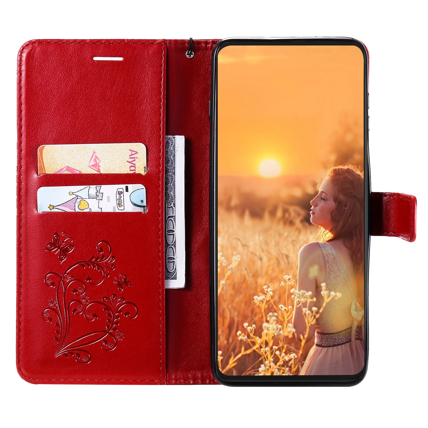 KT Imprinting Flower Series-2 For iPhone 15 Butterfly Imprint Leather Phone Case Wallet Stand Cover