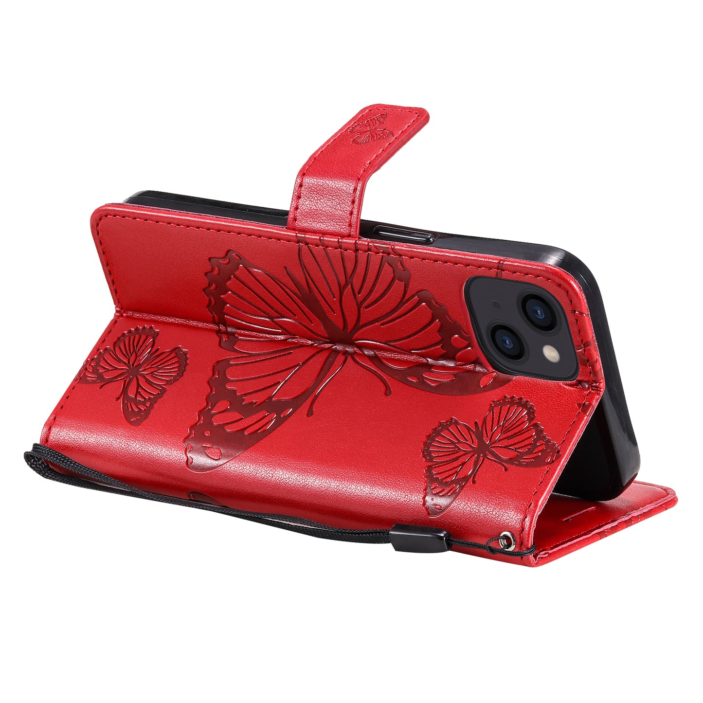KT Imprinting Flower Series-2 For iPhone 15 Butterfly Imprint Leather Phone Case Wallet Stand Cover