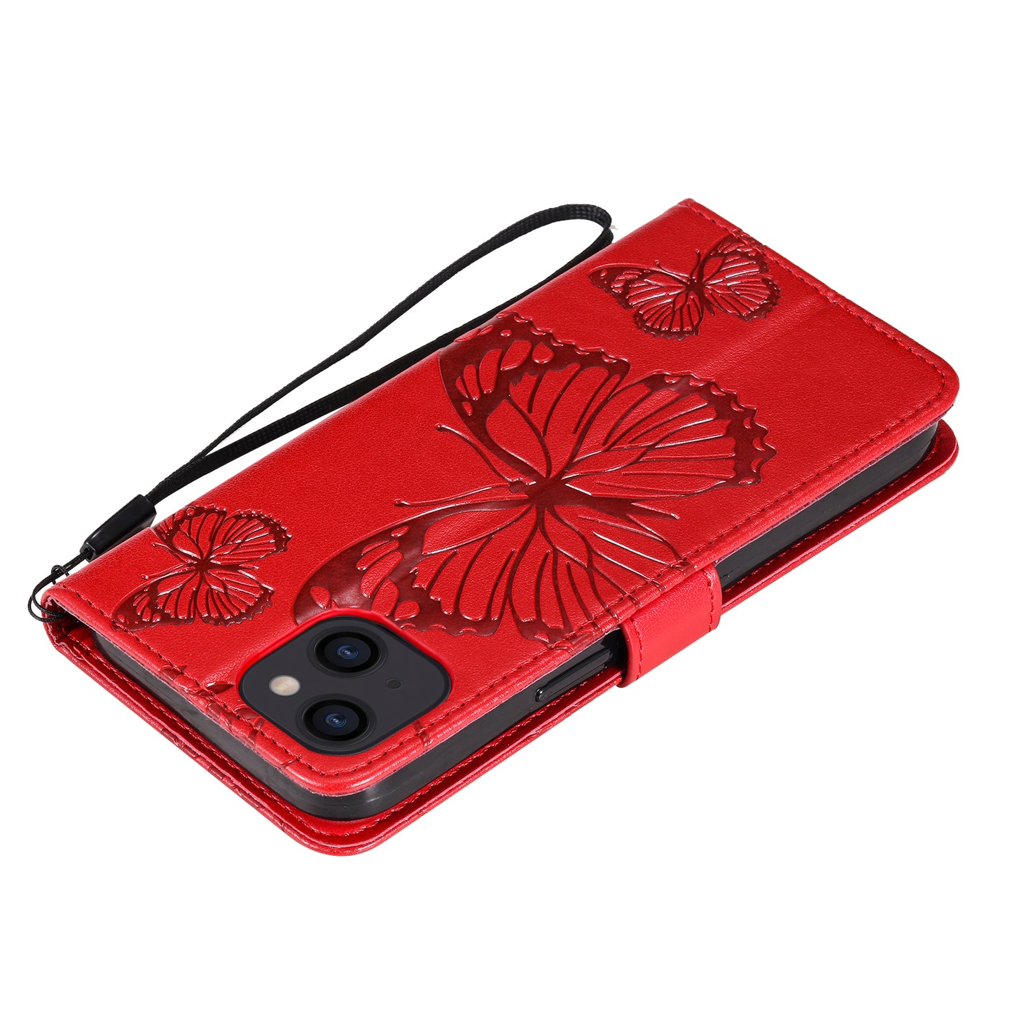 KT Imprinting Flower Series-2 For iPhone 15 Butterfly Imprint Leather Phone Case Wallet Stand Cover