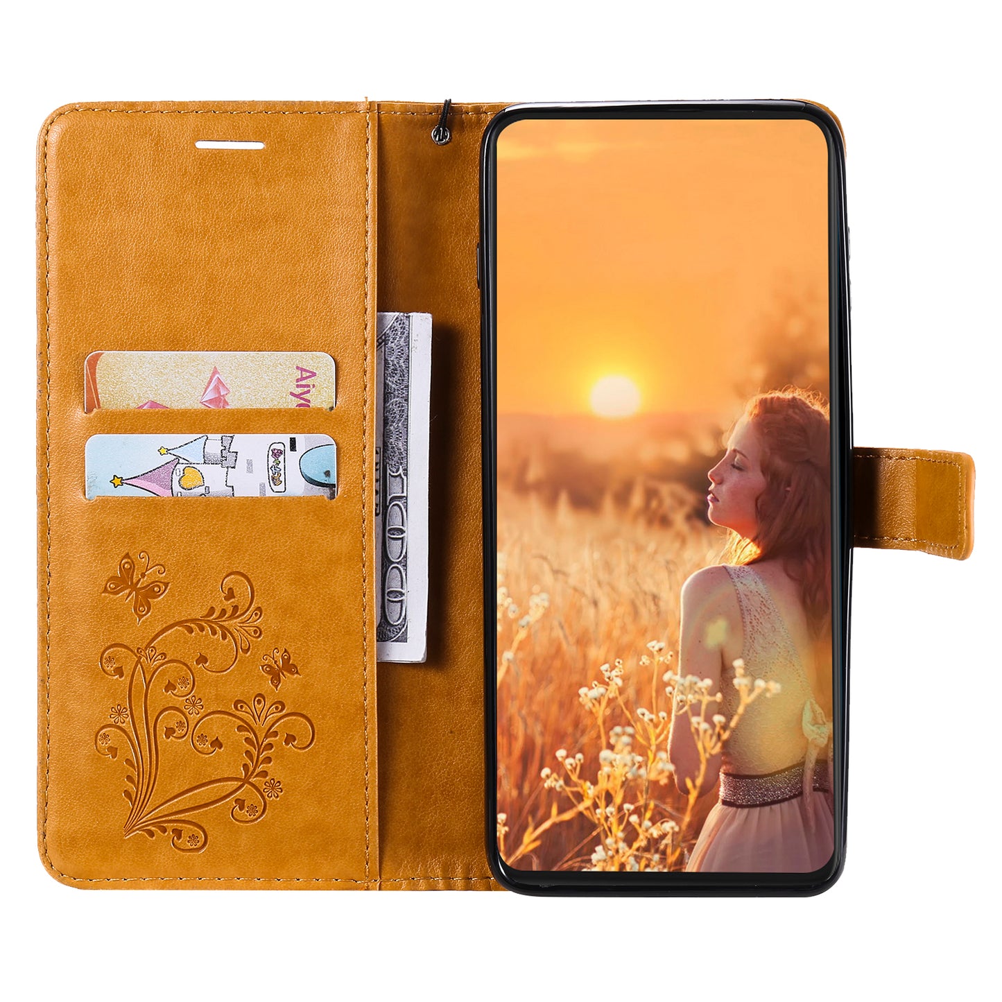 KT Imprinting Flower Series-2 For iPhone 15 Butterfly Imprint Leather Phone Case Wallet Stand Cover