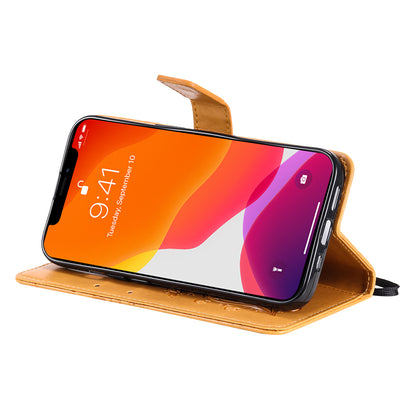 KT Imprinting Flower Series-2 For iPhone 15 Butterfly Imprint Leather Phone Case Wallet Stand Cover