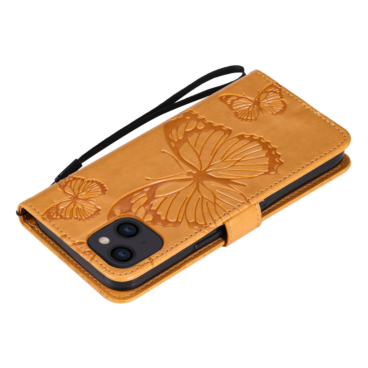 KT Imprinting Flower Series-2 For iPhone 15 Butterfly Imprint Leather Phone Case Wallet Stand Cover