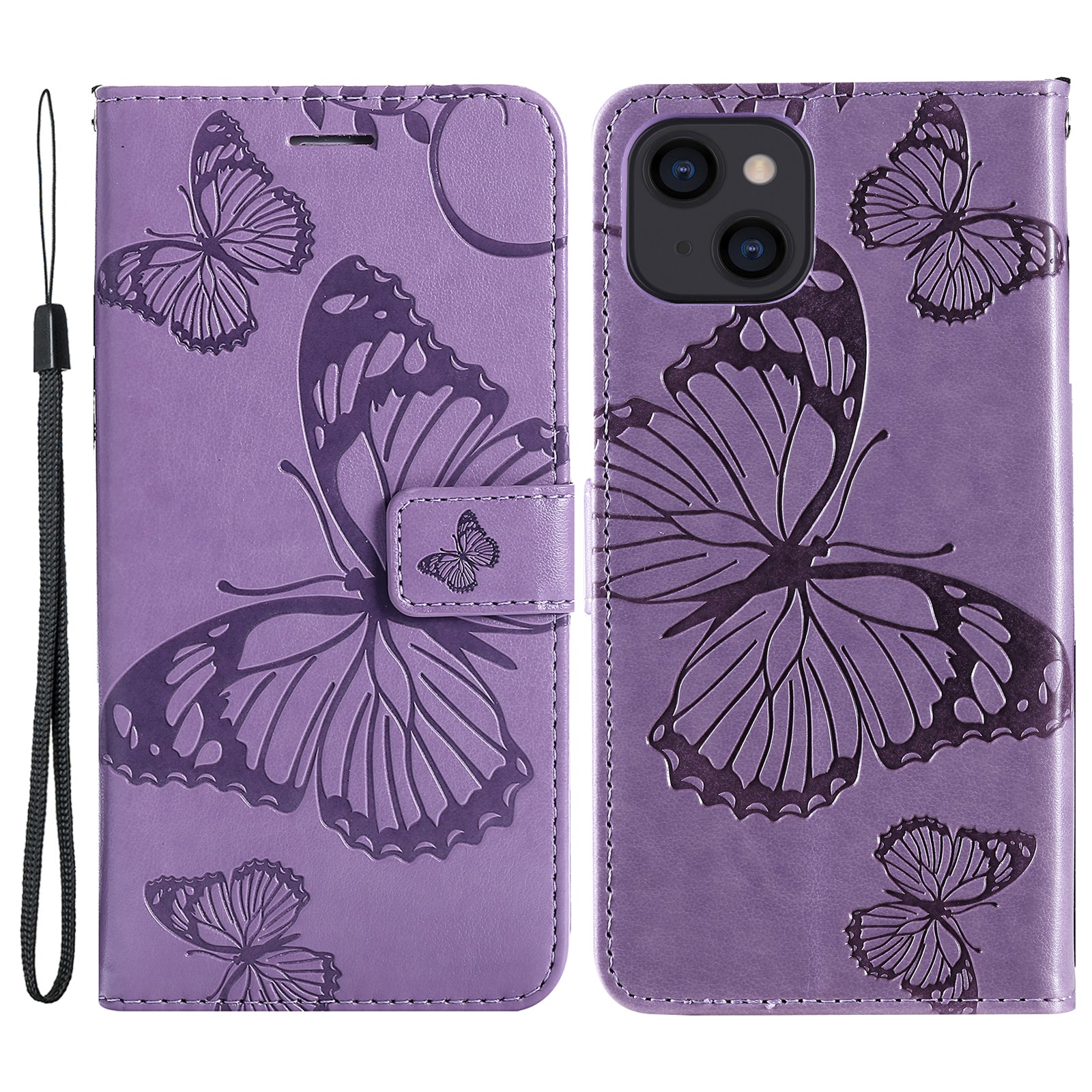 KT Imprinting Flower Series-2 For iPhone 15 Butterfly Imprint Leather Phone Case Wallet Stand Cover