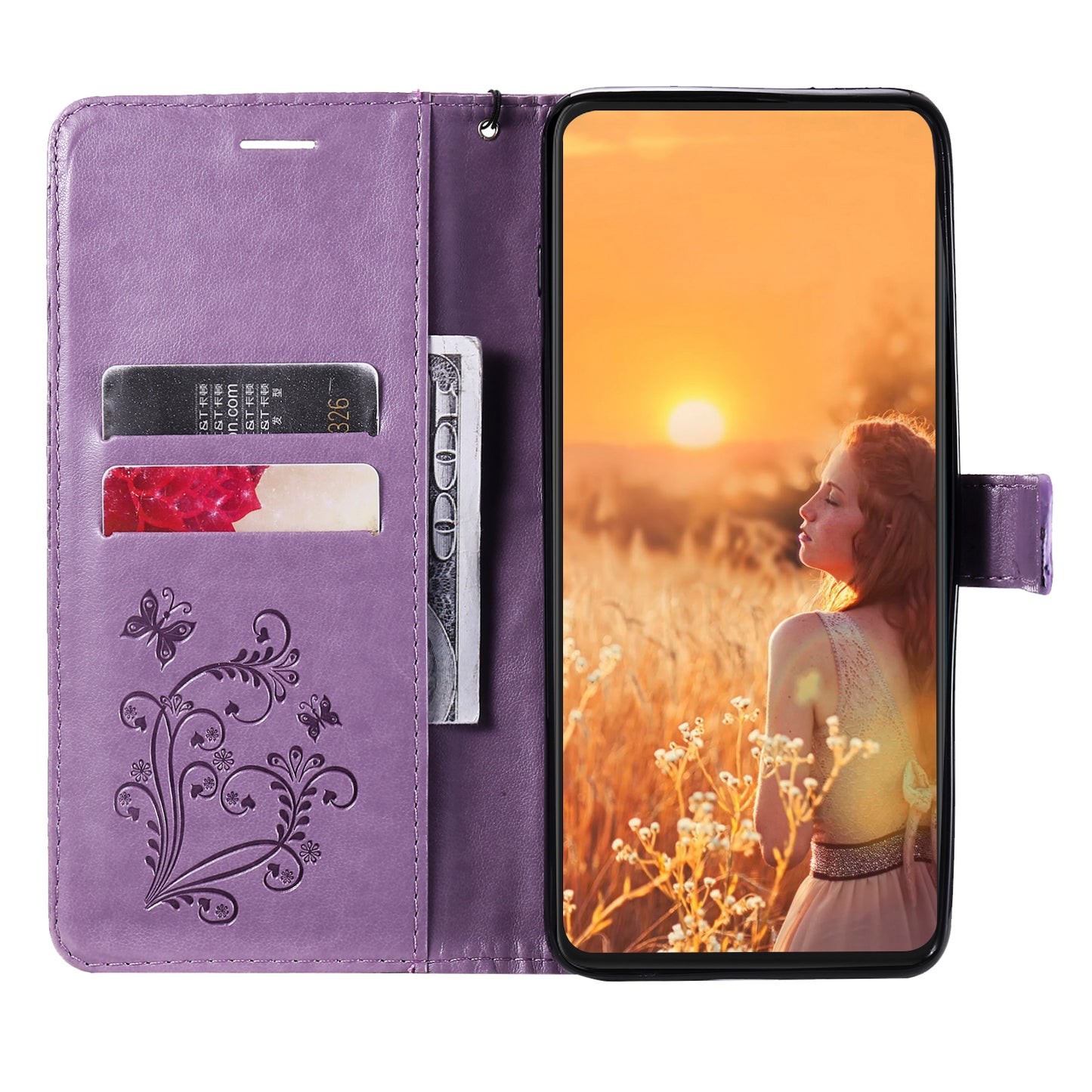 KT Imprinting Flower Series-2 For iPhone 15 Butterfly Imprint Leather Phone Case Wallet Stand Cover