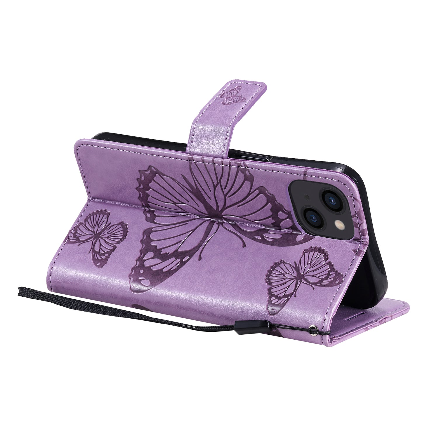 KT Imprinting Flower Series-2 For iPhone 15 Butterfly Imprint Leather Phone Case Wallet Stand Cover