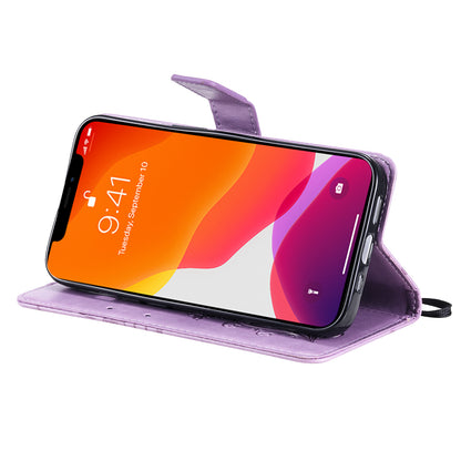 KT Imprinting Flower Series-2 For iPhone 15 Butterfly Imprint Leather Phone Case Wallet Stand Cover