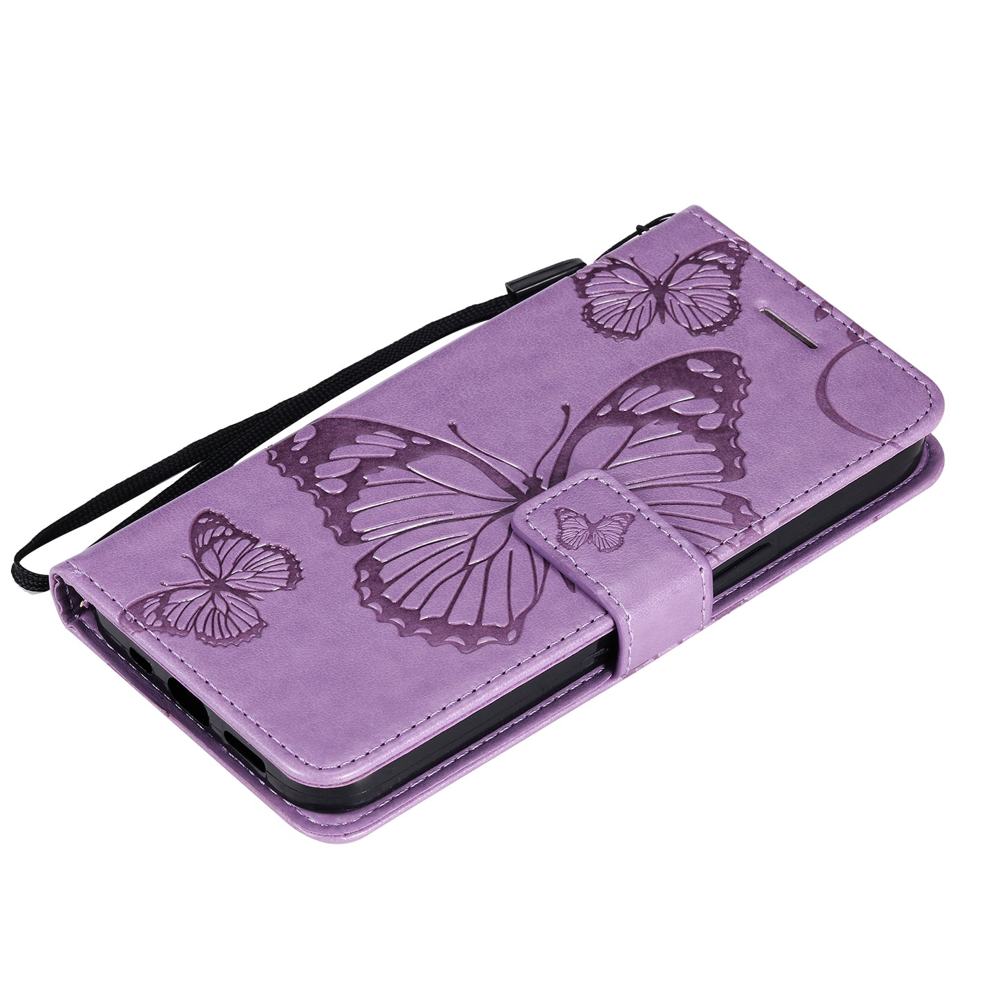 KT Imprinting Flower Series-2 For iPhone 15 Butterfly Imprint Leather Phone Case Wallet Stand Cover