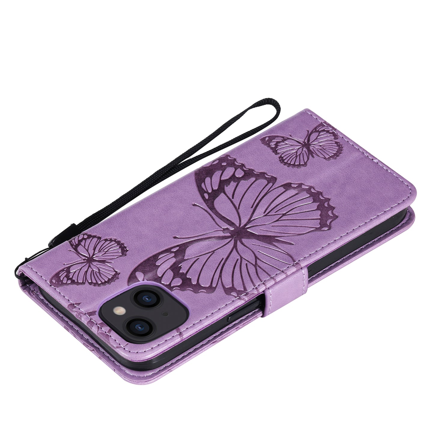 KT Imprinting Flower Series-2 For iPhone 15 Butterfly Imprint Leather Phone Case Wallet Stand Cover