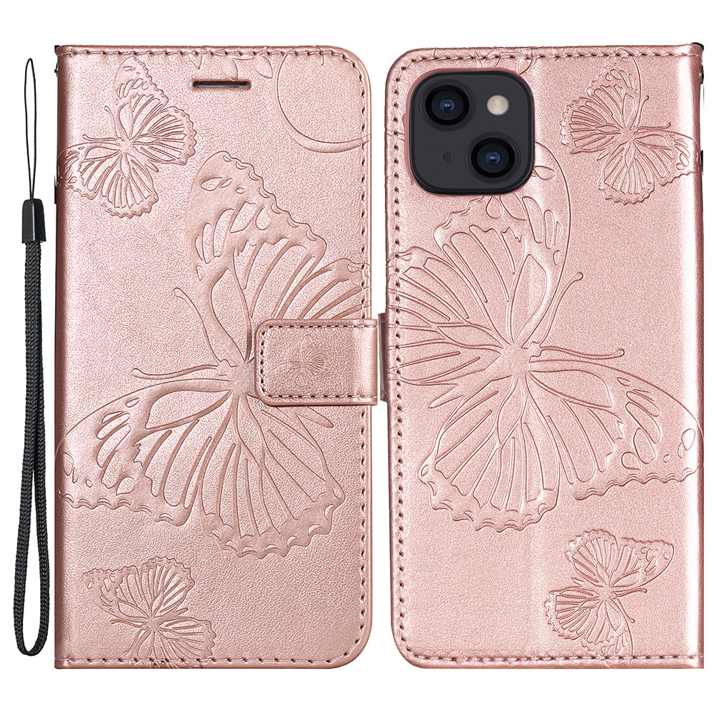 KT Imprinting Flower Series-2 For iPhone 15 Butterfly Imprint Leather Phone Case Wallet Stand Cover