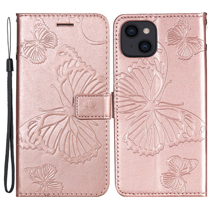 KT Imprinting Flower Series-2 For iPhone 15 Butterfly Imprint Leather Phone Case Wallet Stand Cover