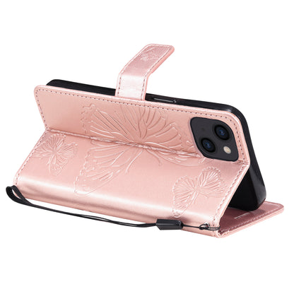 KT Imprinting Flower Series-2 For iPhone 15 Butterfly Imprint Leather Phone Case Wallet Stand Cover