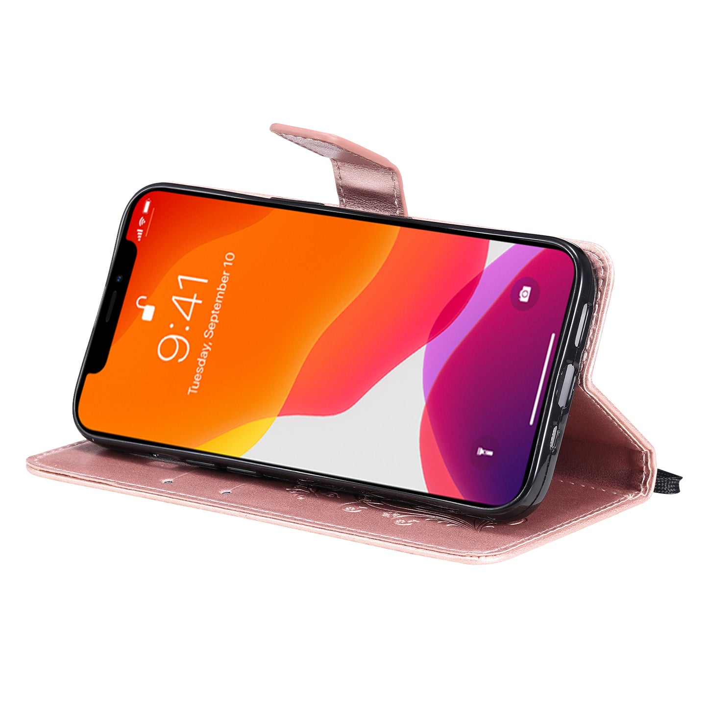 KT Imprinting Flower Series-2 For iPhone 15 Butterfly Imprint Leather Phone Case Wallet Stand Cover