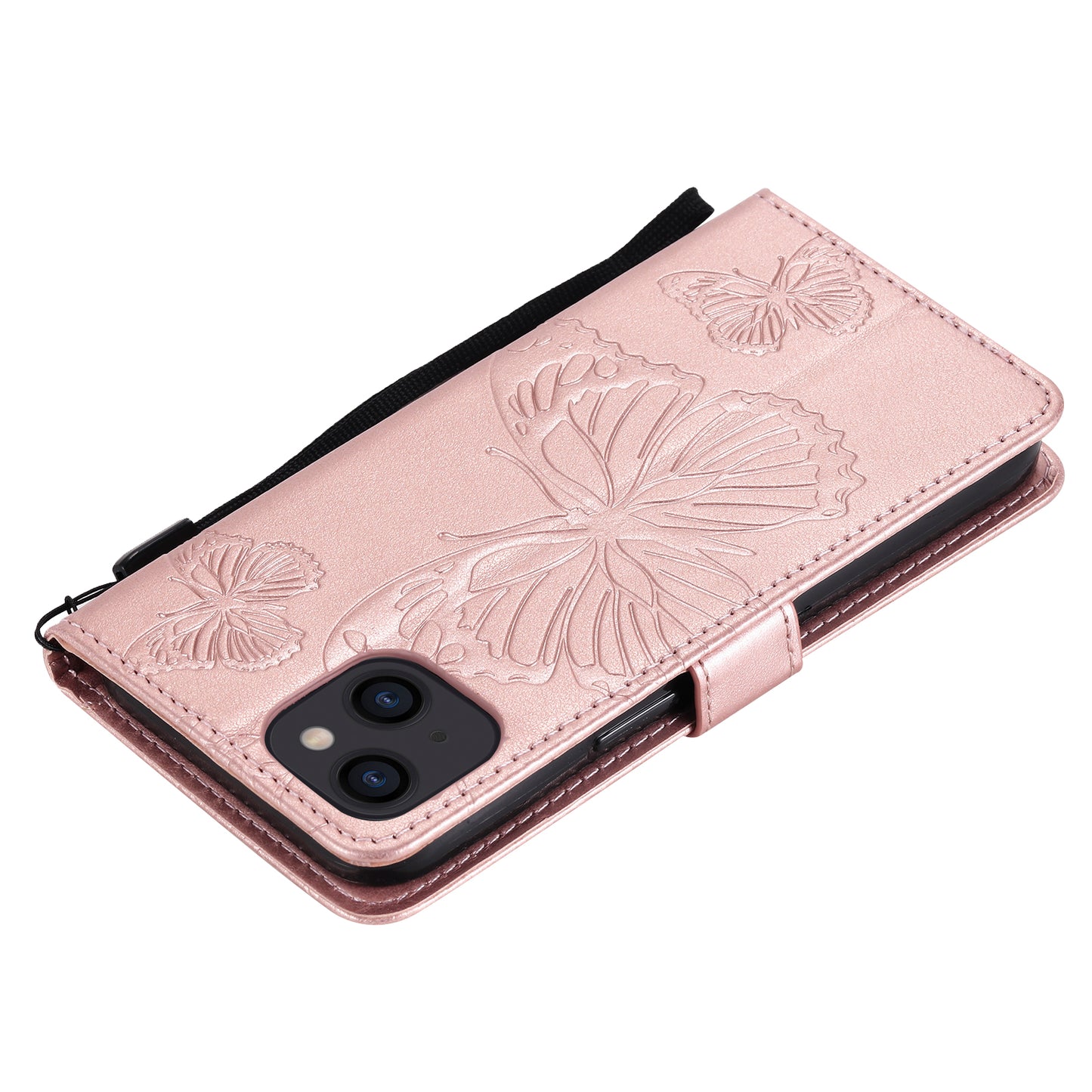 KT Imprinting Flower Series-2 For iPhone 15 Butterfly Imprint Leather Phone Case Wallet Stand Cover