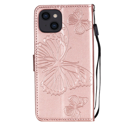 KT Imprinting Flower Series-2 For iPhone 15 Butterfly Imprint Leather Phone Case Wallet Stand Cover