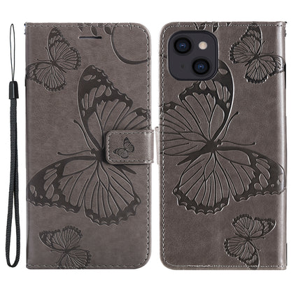 KT Imprinting Flower Series-2 For iPhone 15 Butterfly Imprint Leather Phone Case Wallet Stand Cover