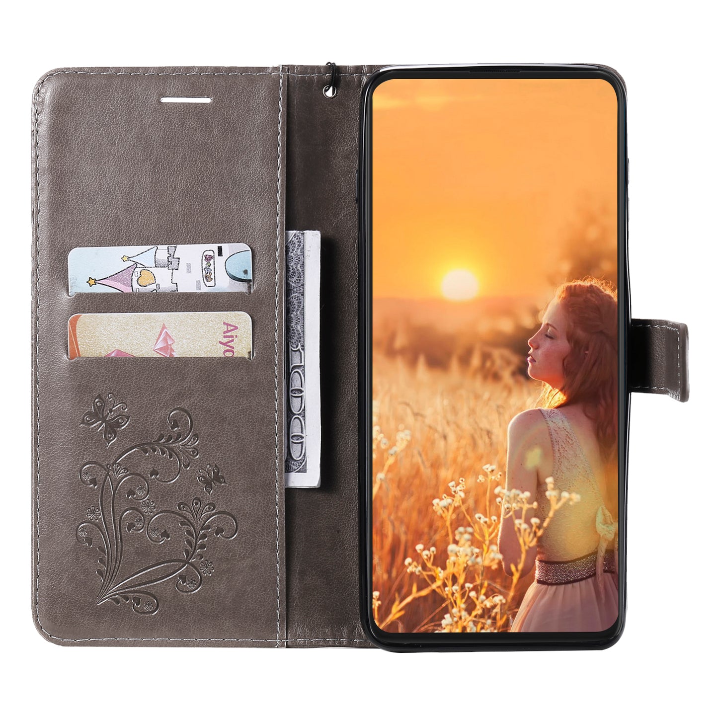 KT Imprinting Flower Series-2 For iPhone 15 Butterfly Imprint Leather Phone Case Wallet Stand Cover