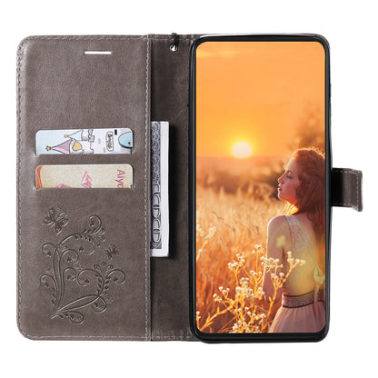 KT Imprinting Flower Series-2 For iPhone 15 Butterfly Imprint Leather Phone Case Wallet Stand Cover