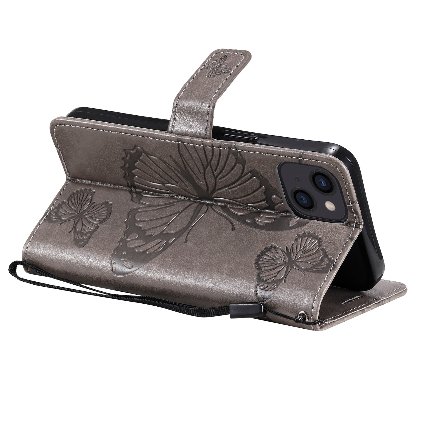 KT Imprinting Flower Series-2 For iPhone 15 Butterfly Imprint Leather Phone Case Wallet Stand Cover