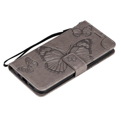 KT Imprinting Flower Series-2 For iPhone 15 Butterfly Imprint Leather Phone Case Wallet Stand Cover